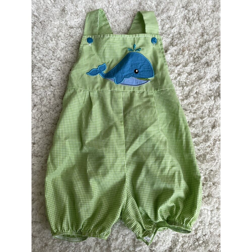 Precious Kids boys sz. 12 mo. whale design green checkered shortall. Classic, ad
